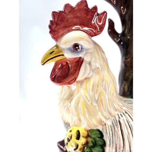 17" Italian Majolica Lamp Base Rooster & Tree Figurine Italy Hand Painted Signed - Picture 6 of 16